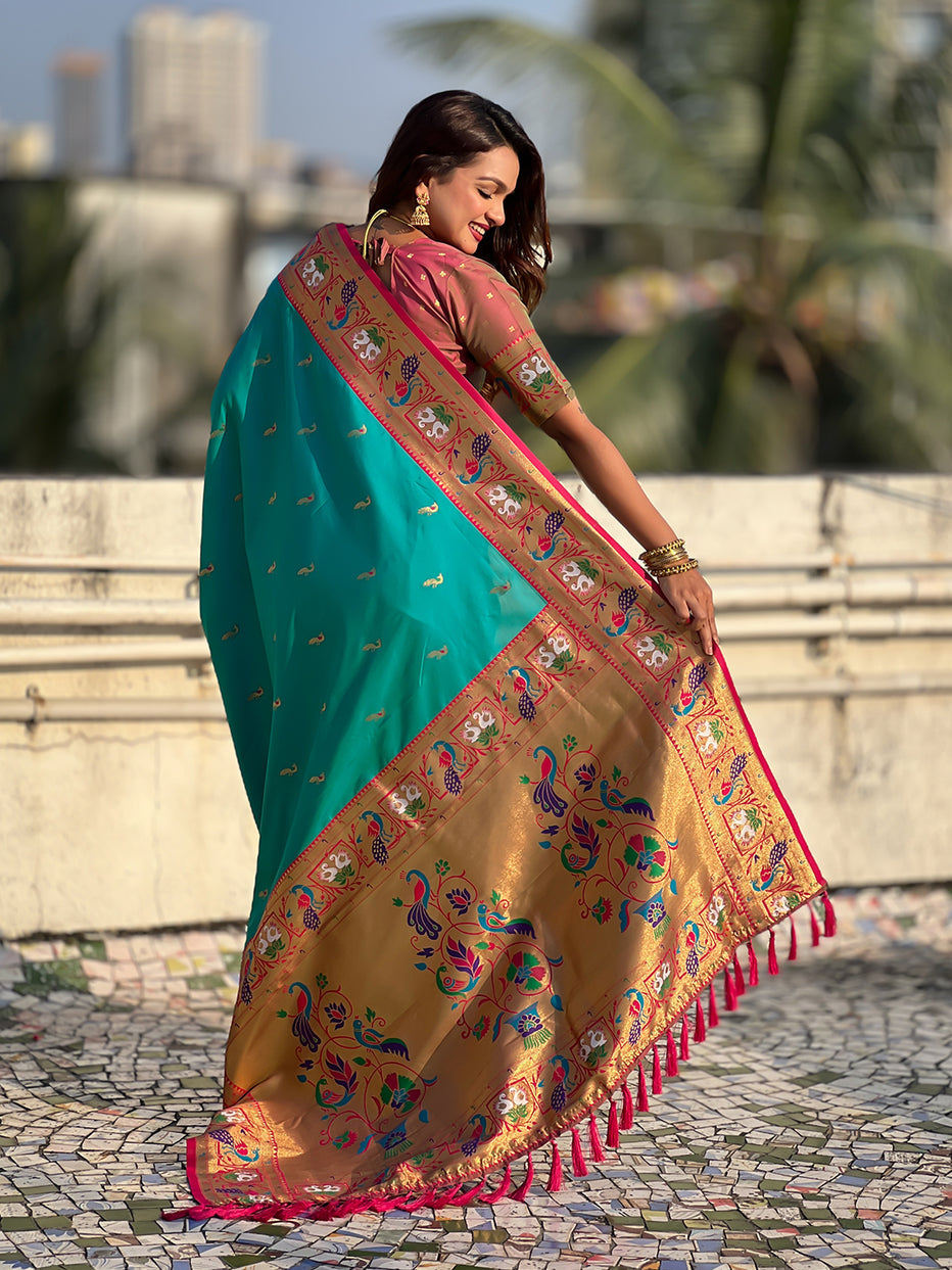Aqua Blue Soft Silk Swan Rajhans Paithani Saree Paithani Saree Anant Tex Exports Pvt.Ltd..