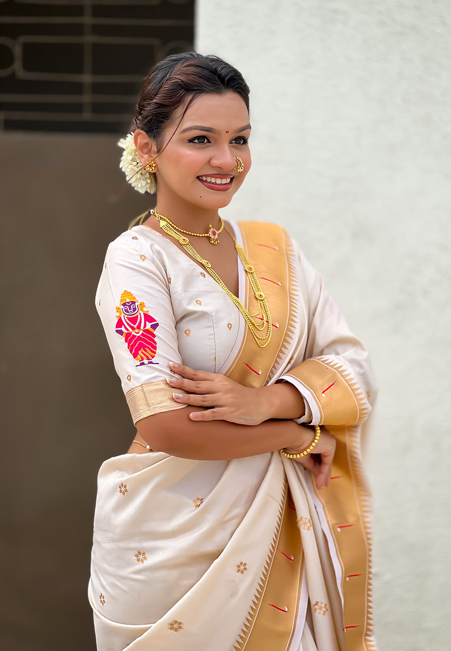 Cream Zari Woven Vitthala God Special Paithani Silk Saree Banarasi Silk Saree Anant Tex Exports Pvt.Ltd..
