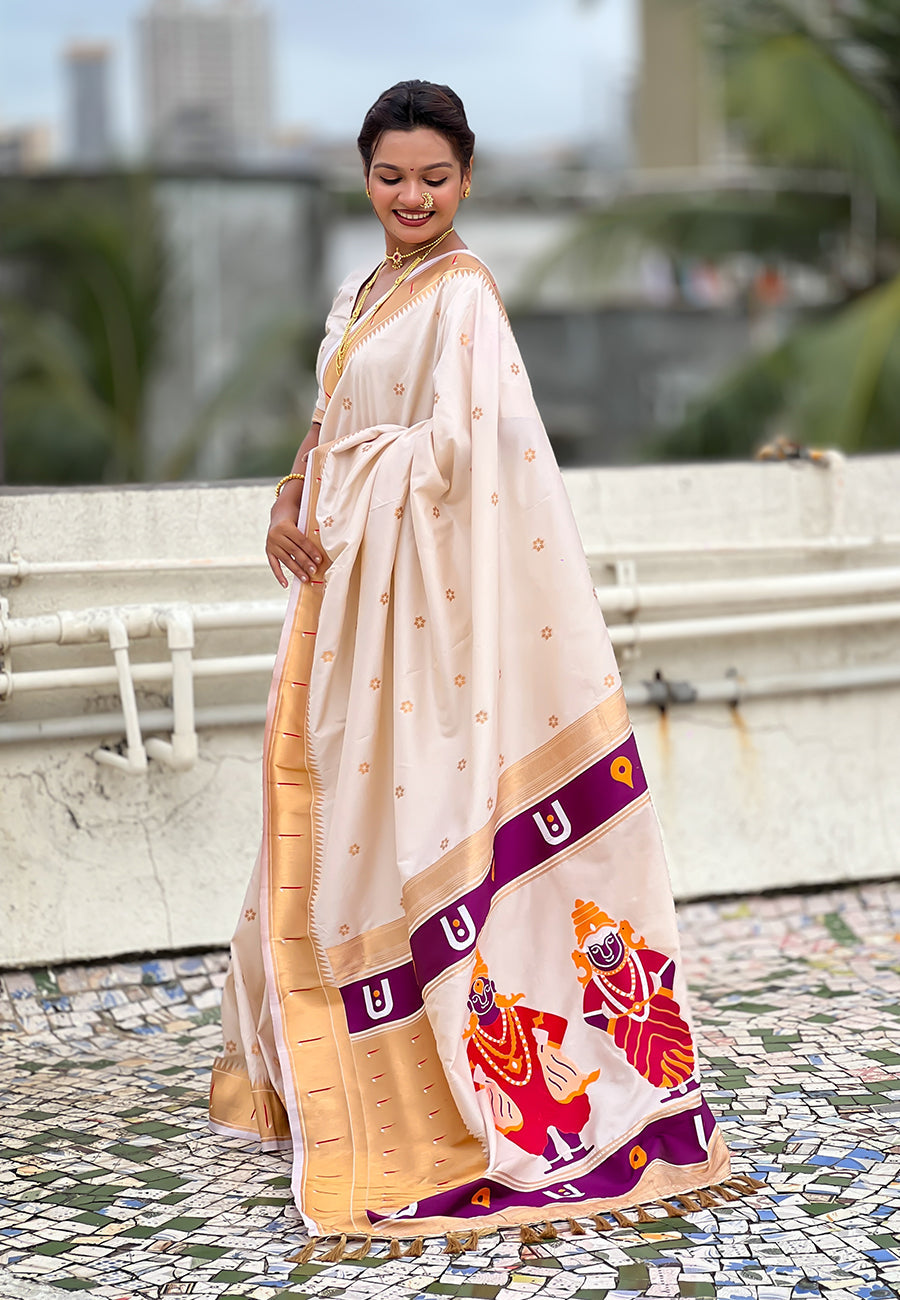 Cream Zari Woven Vitthala God Special Paithani Silk Saree Banarasi Silk Saree Anant Tex Exports Pvt.Ltd..