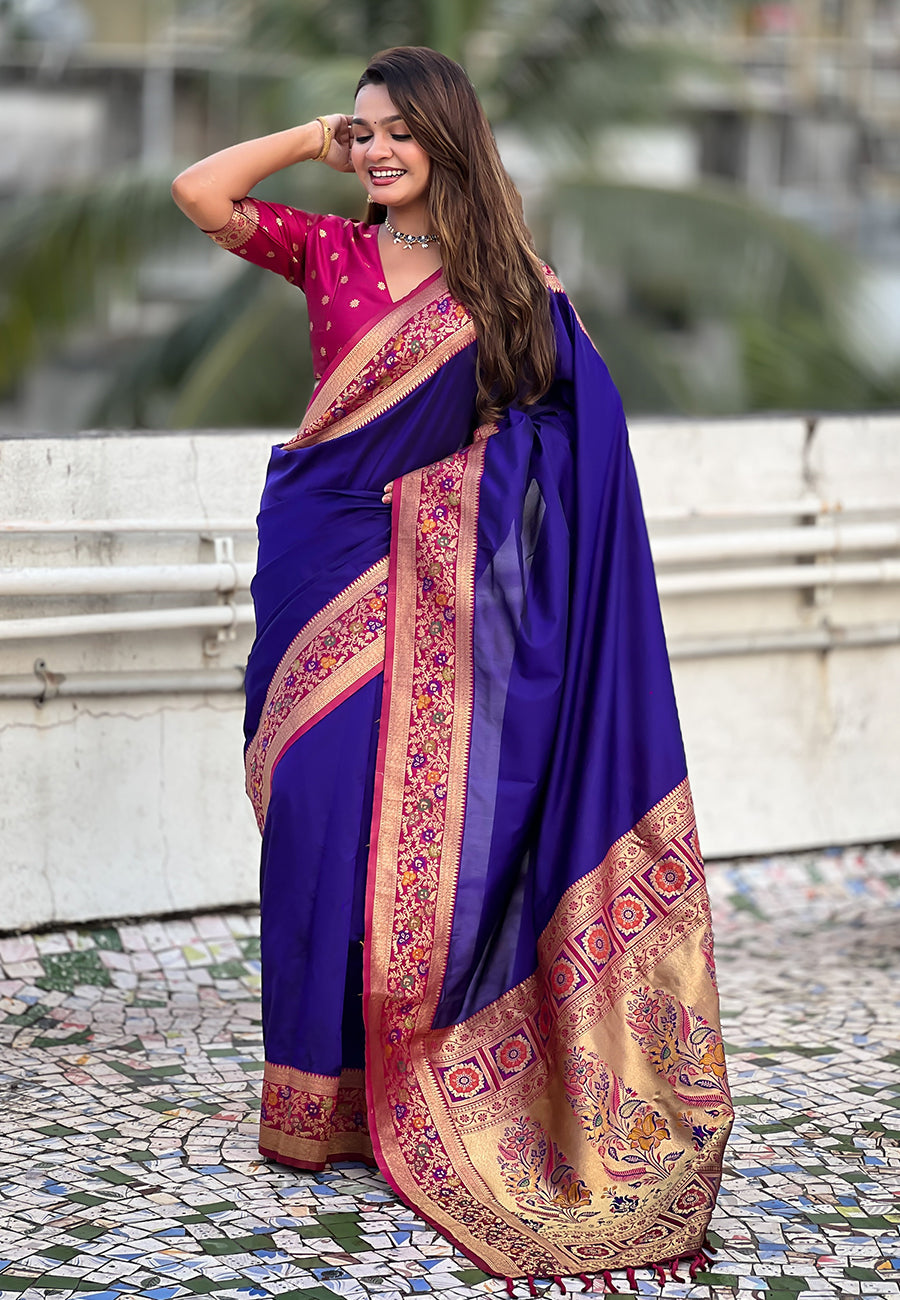 Violet Pure Gala Silk Paithani Pallu Kadiyal Zari Soft Silk Saree