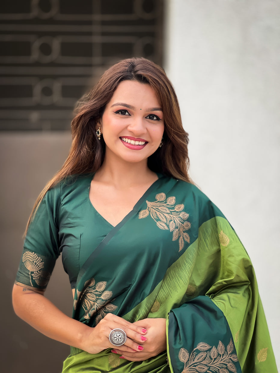 Green Soft Silk Floral Border Contrast Zari Soft Silk Saree