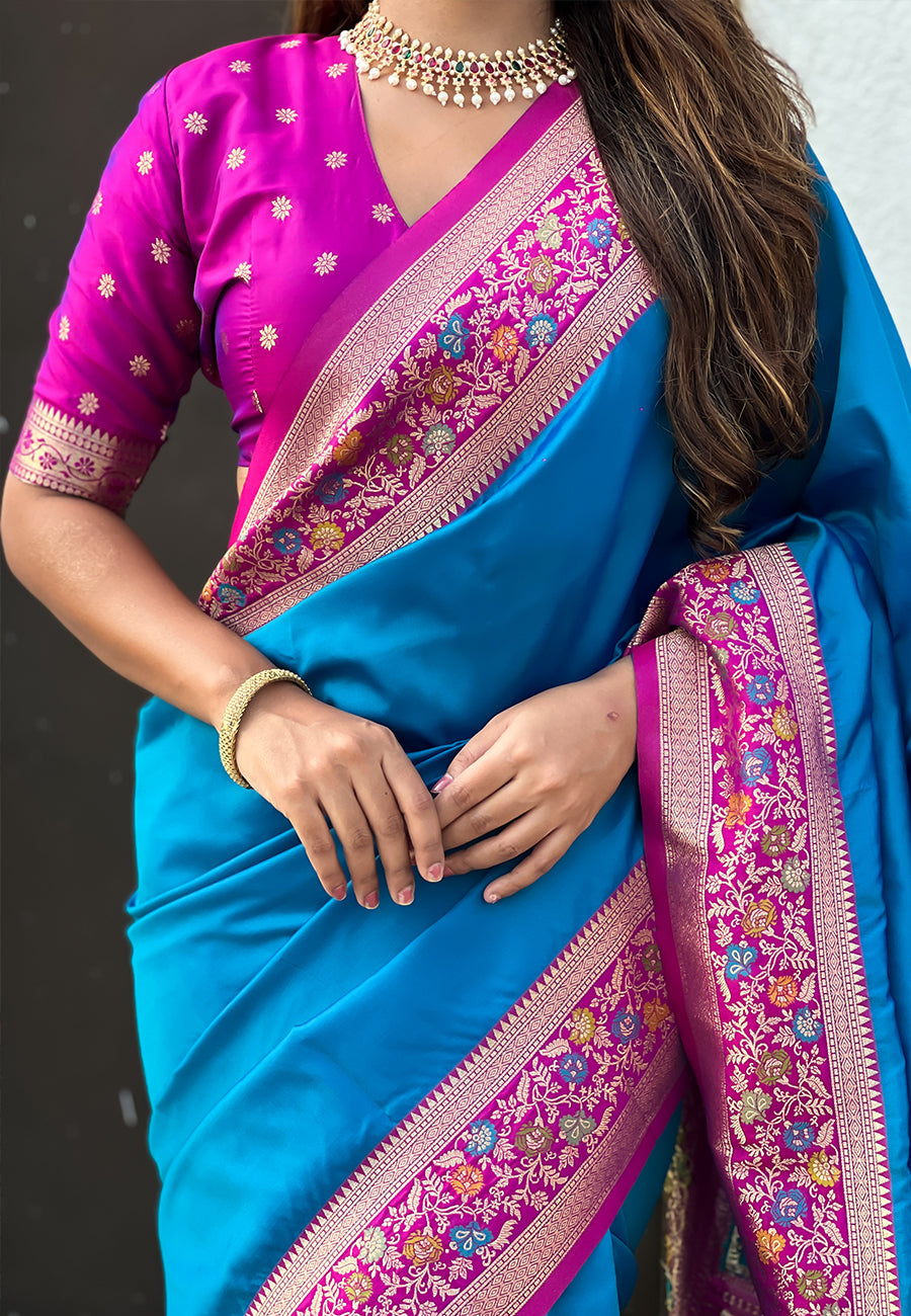 Blue Pure Gala Silk Paithani Pallu Kadiyal Zari Soft Silk Saree