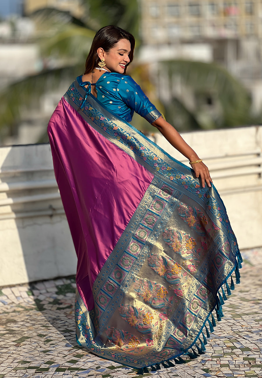 Lavender Pure Gala Silk Paithani Pallu Kadiyal Zari Soft Silk Saree