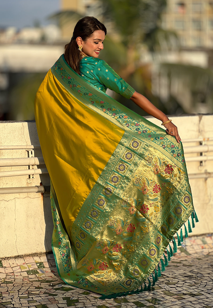 Mehendi Green Pure Gala Silk Paithani Pallu Kadiyal Zari Soft Silk Saree