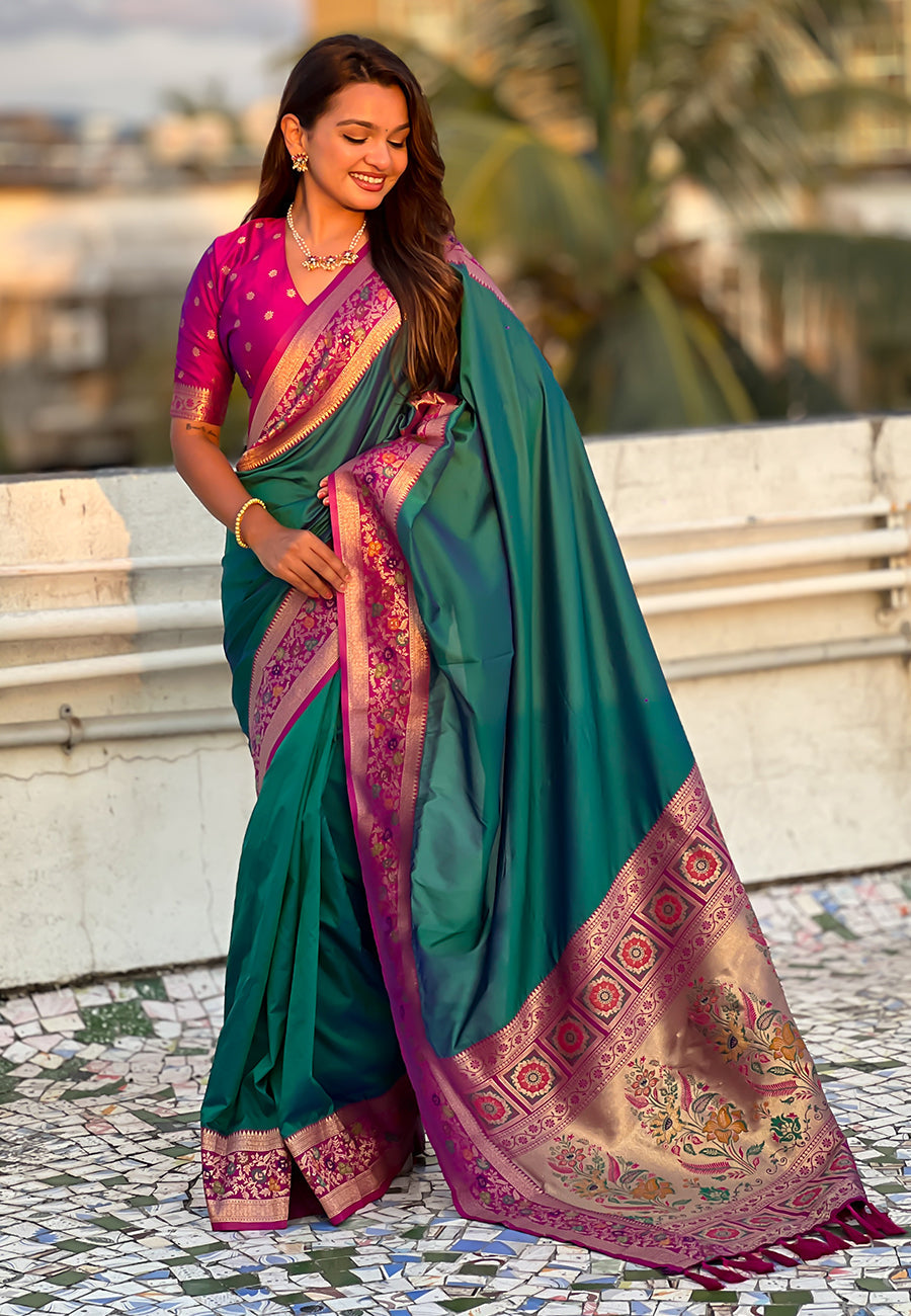 Green Pure Gala Silk Paithani Pallu Kadiyal Zari Soft Silk Saree