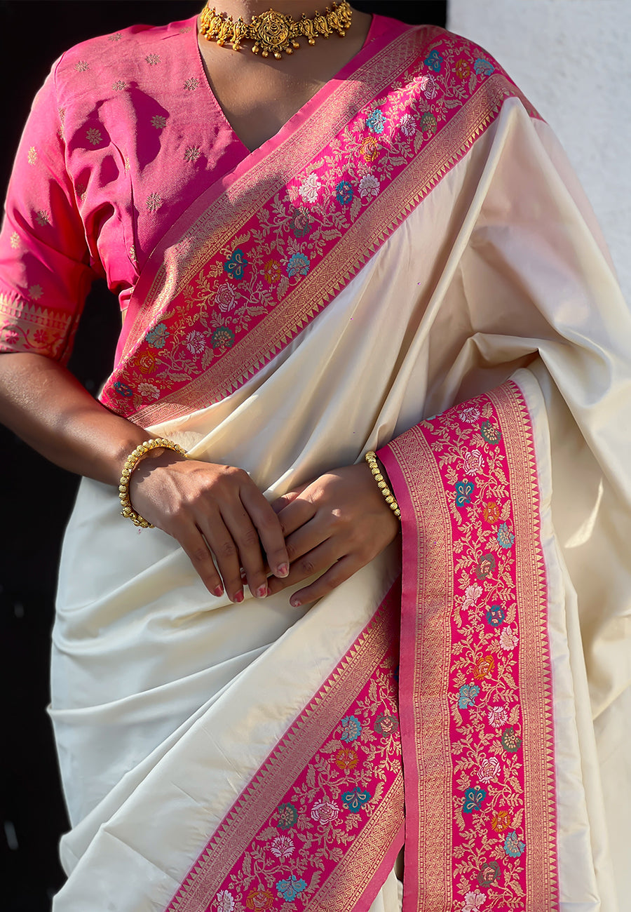 Cream Pure Gala Silk Paithani Pallu Kadiyal Zari Soft Silk Saree