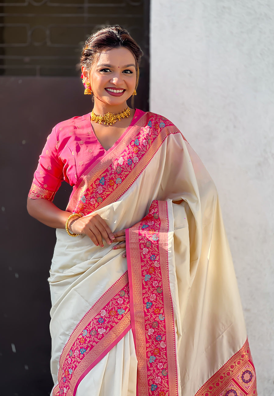Cream Pure Gala Silk Paithani Pallu Kadiyal Zari Soft Silk Saree