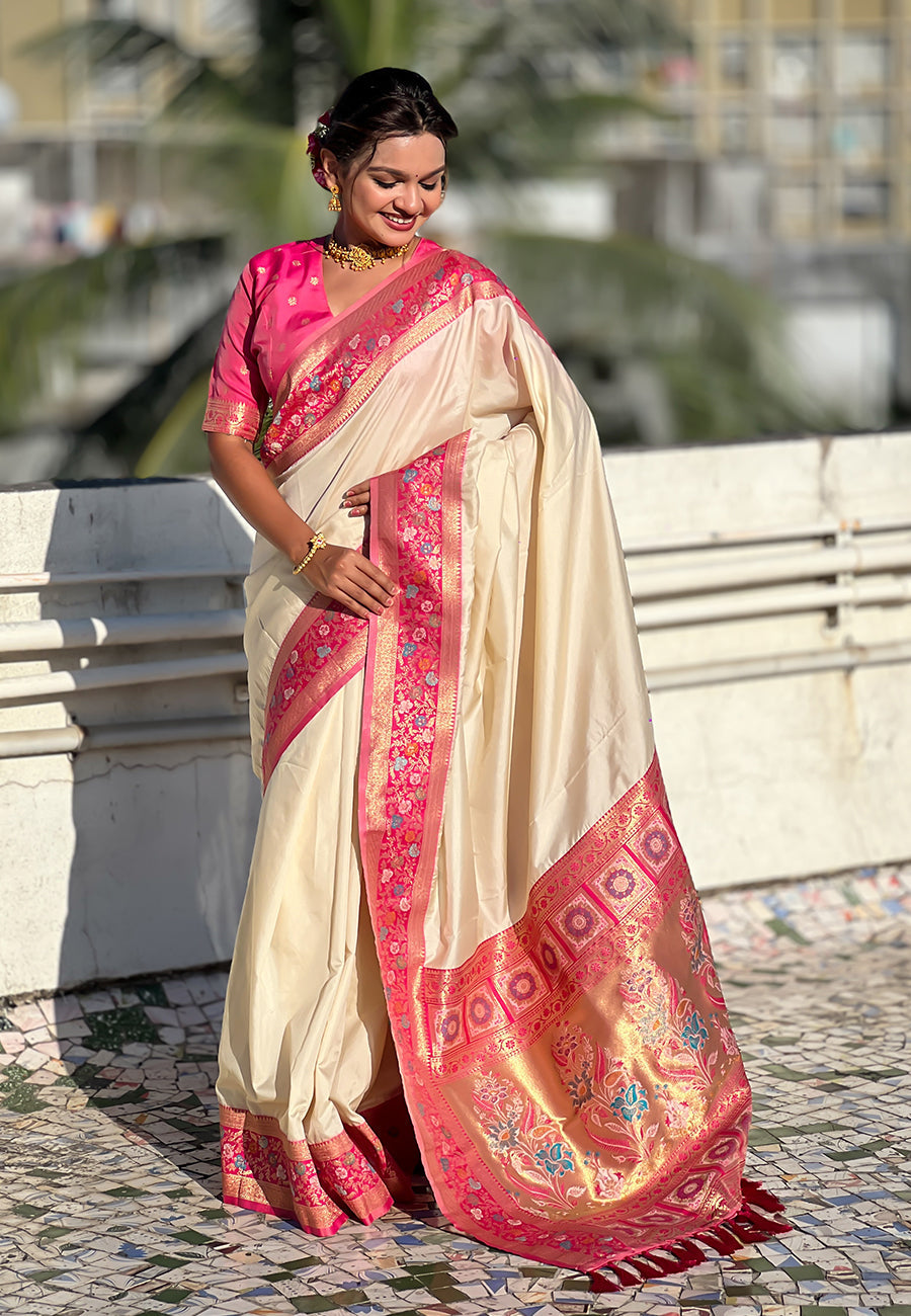 Cream Pure Gala Silk Paithani Pallu Kadiyal Zari Soft Silk Saree
