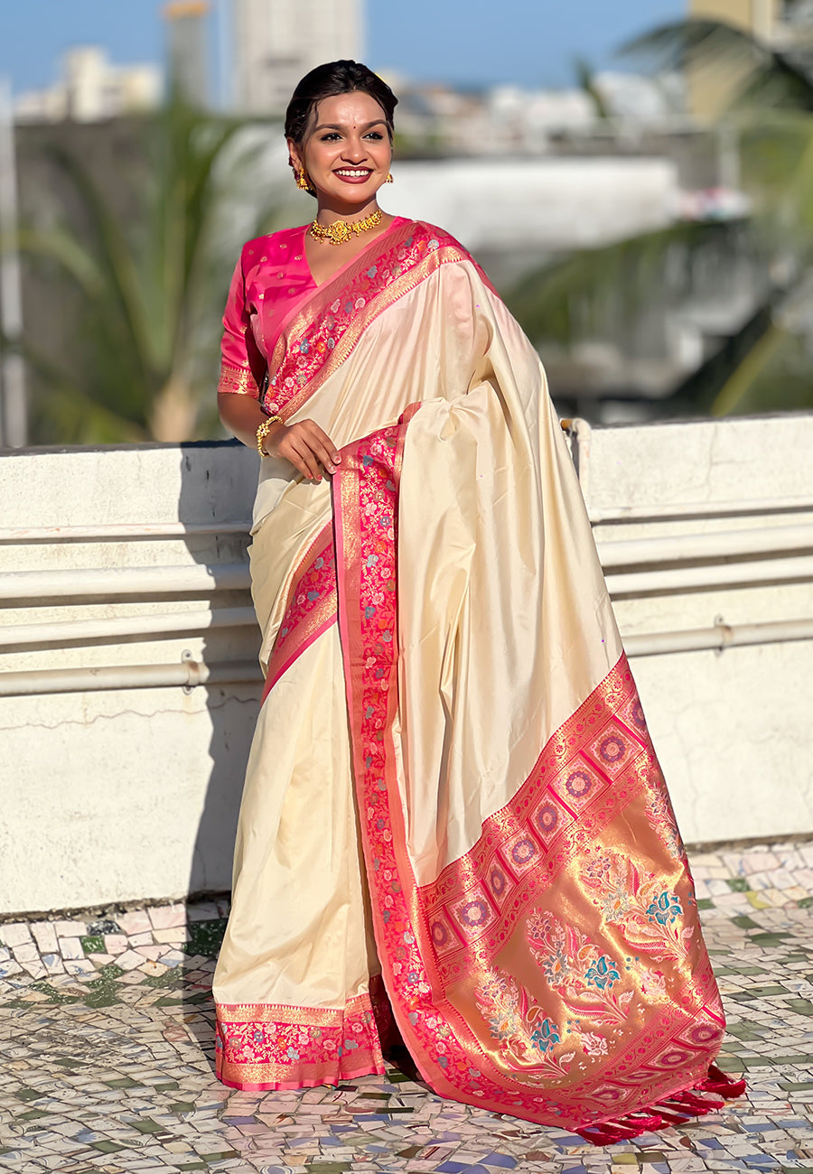 Cream Pure Gala Silk Paithani Pallu Kadiyal Zari Soft Silk Saree