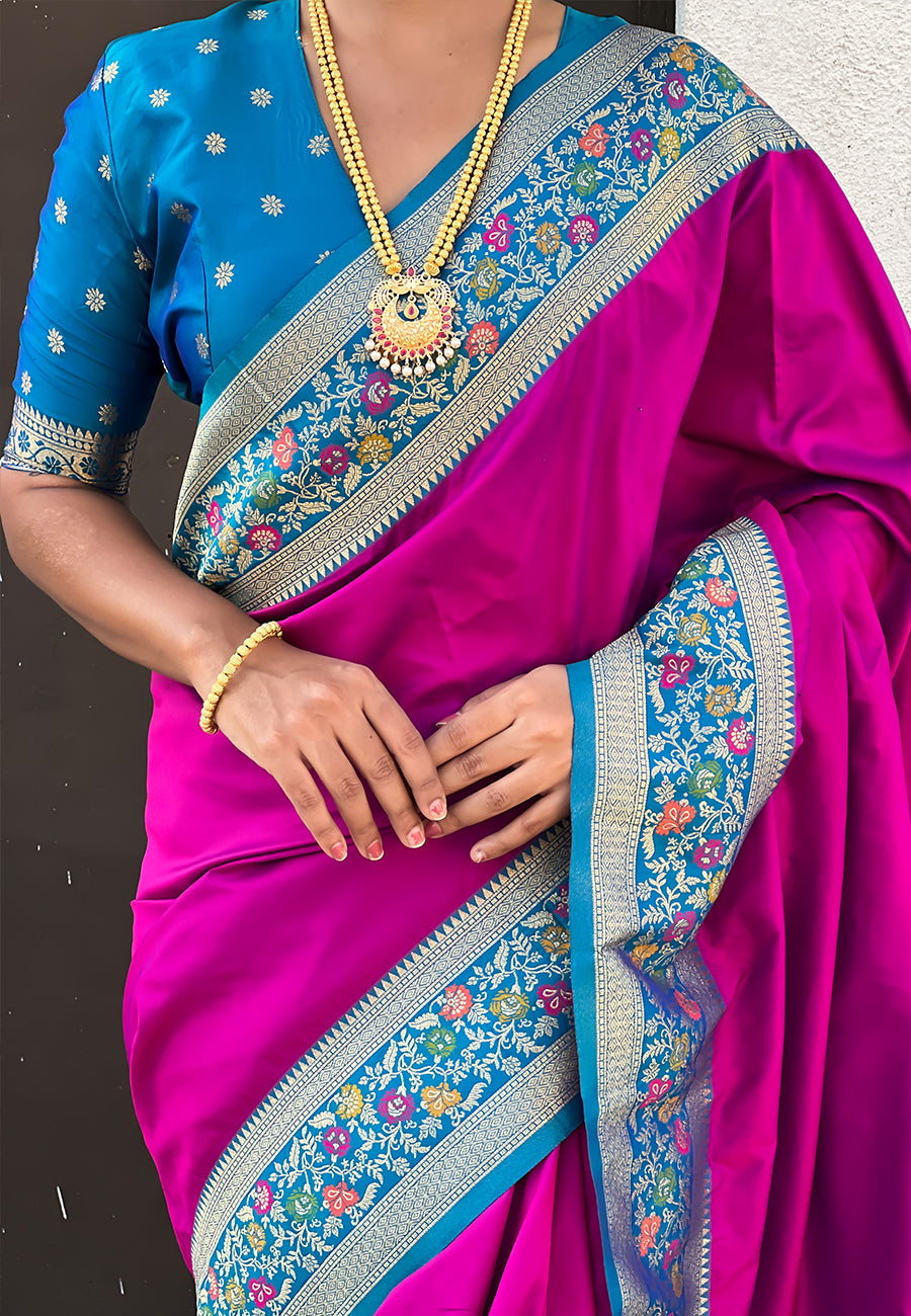 Magenta Pure Gala Silk Paithani Pallu Kadiyal Zari Soft Silk Saree
