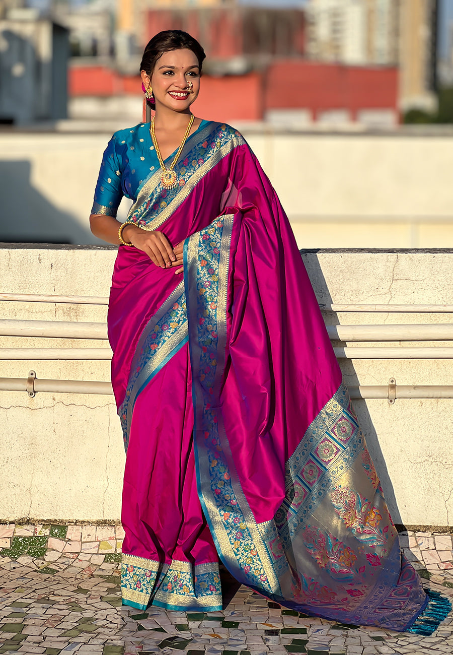 Magenta Pure Gala Silk Paithani Pallu Kadiyal Zari Soft Silk Saree