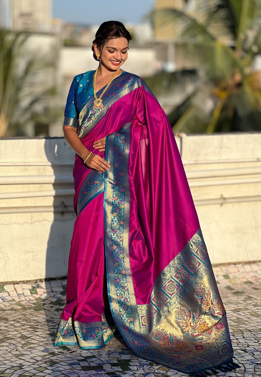 Magenta Pure Gala Silk Paithani Pallu Kadiyal Zari Soft Silk Saree