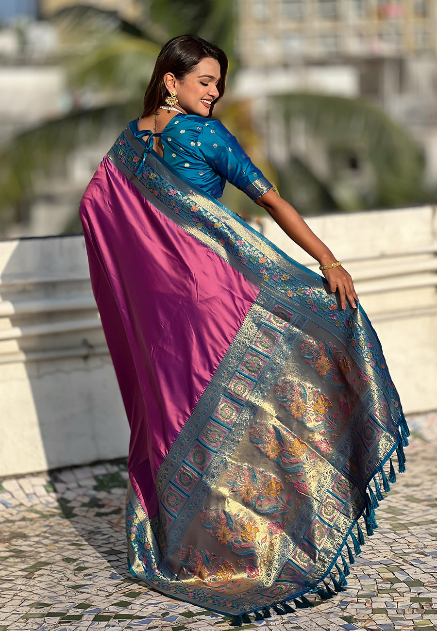 Magenta Pure Gala Silk Paithani Pallu Kadiyal Zari Soft Silk Saree