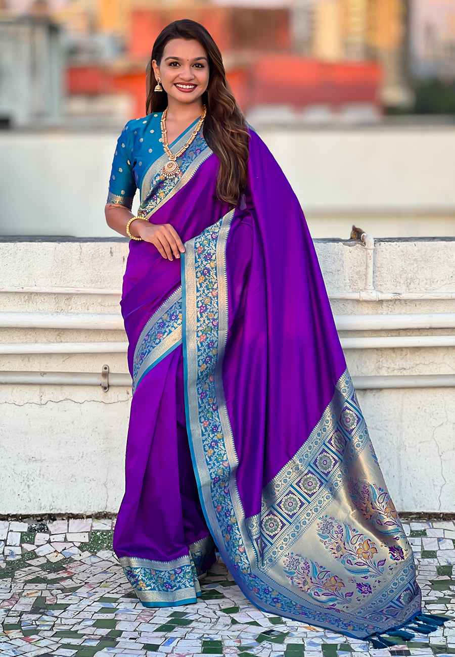 Purple Pure Gala Silk Paithani Pallu Kadiyal Zari Soft Silk Saree