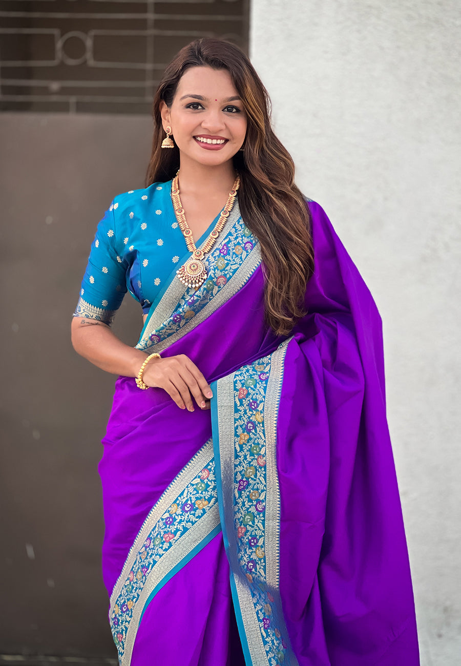 Purple Pure Gala Silk Paithani Pallu Kadiyal Zari Soft Silk Saree