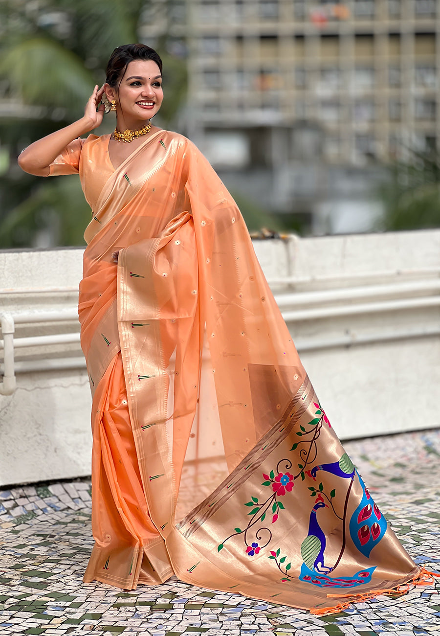 Peach Organza Paithani Zari Organza Saree Organza Saree Anant Tex Exports Pvt.Ltd..