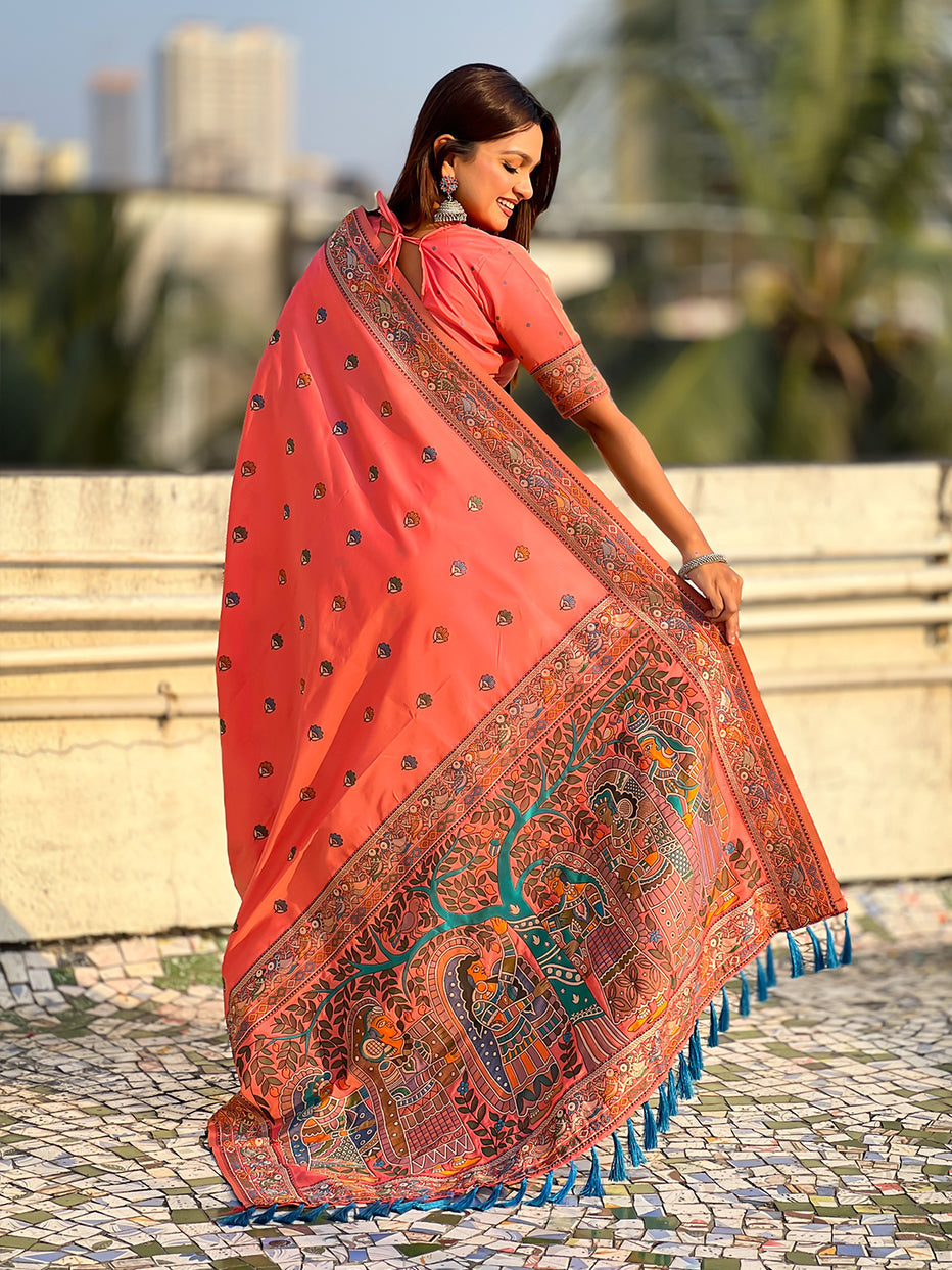 Peach Pure Soft Baluchari Silk Zari Meenakari Saree Banarasi Saree Anant Tex Exports Pvt.Ltd..