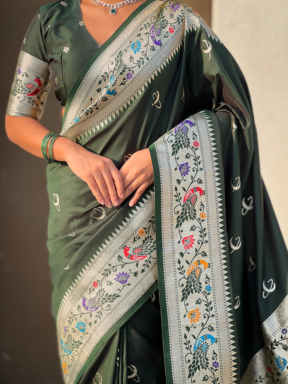 Mehendi Green Pure Chandrakor Paithani Silk Banarasi Zari Saree