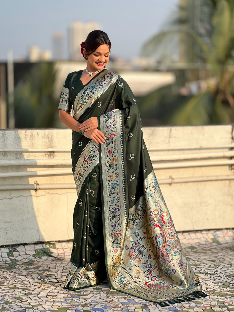 Mehendi Green Pure Chandrakor Paithani Silk Banarasi Zari Saree