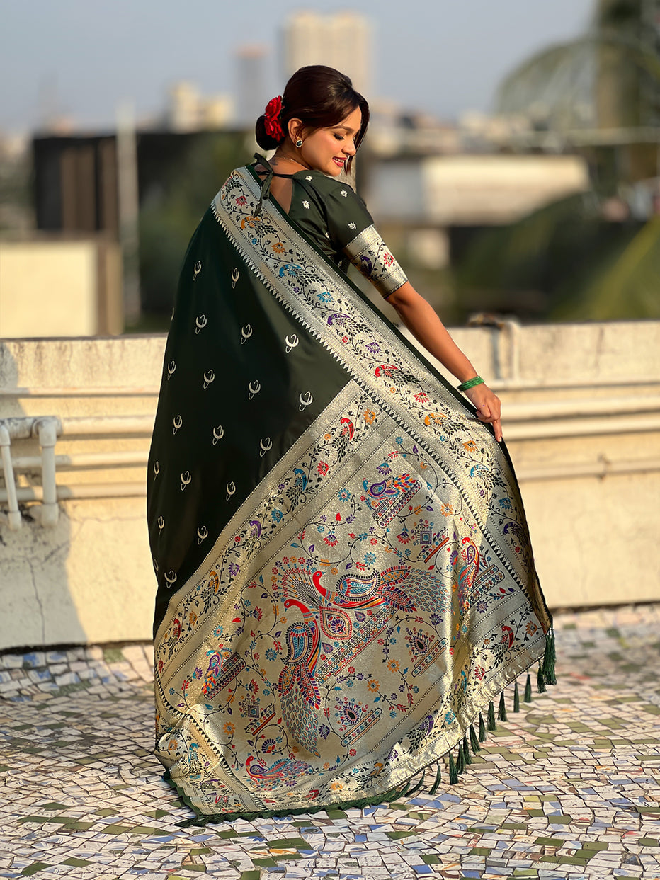 Mehendi Green Pure Chandrakor Paithani Silk Banarasi Zari Saree
