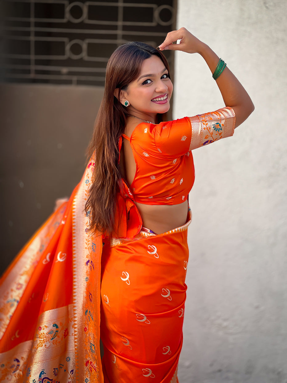 Orange Pure Chandrakor Paithani Silk Banarasi Zari Saree