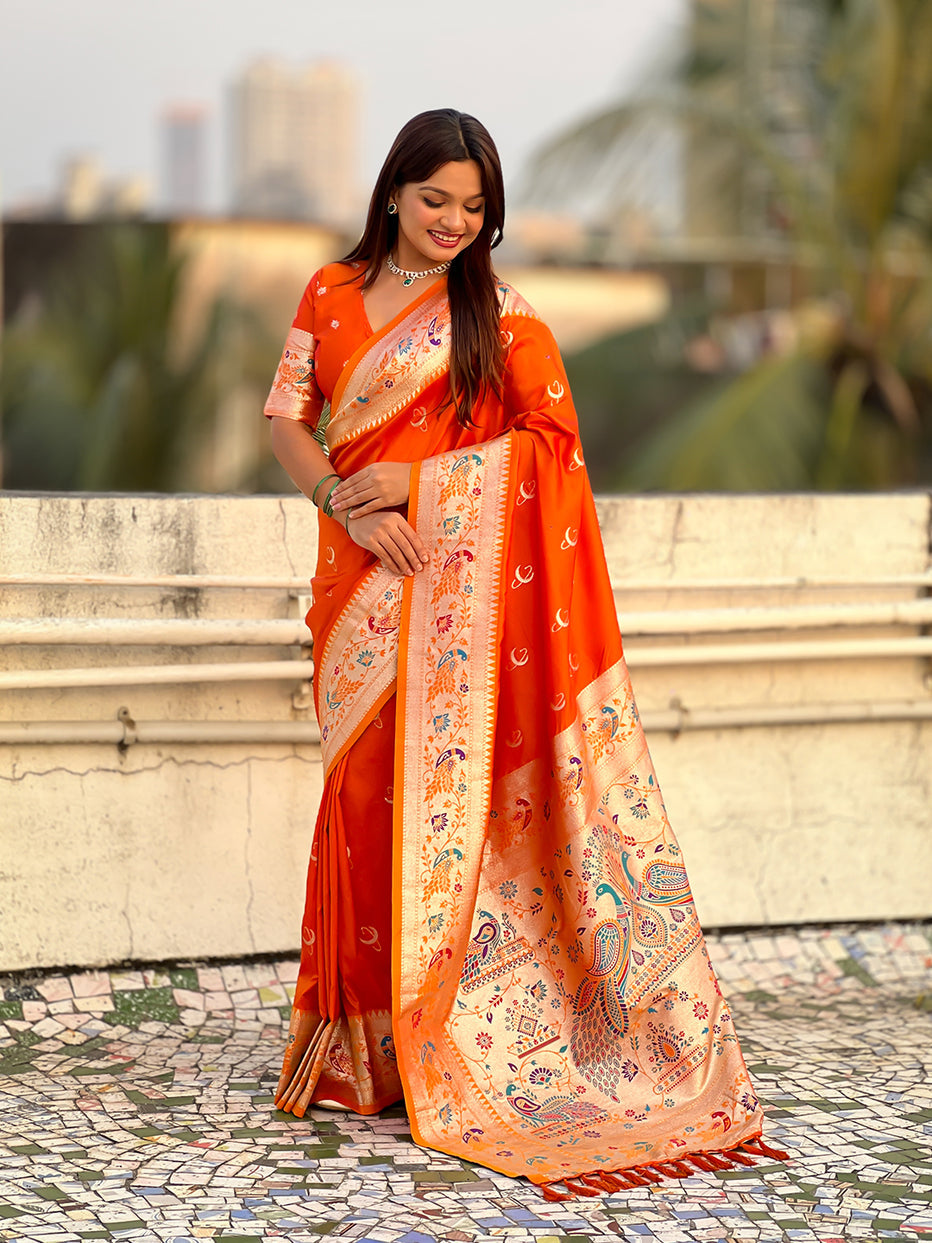 Orange Pure Chandrakor Paithani Silk Banarasi Zari Saree