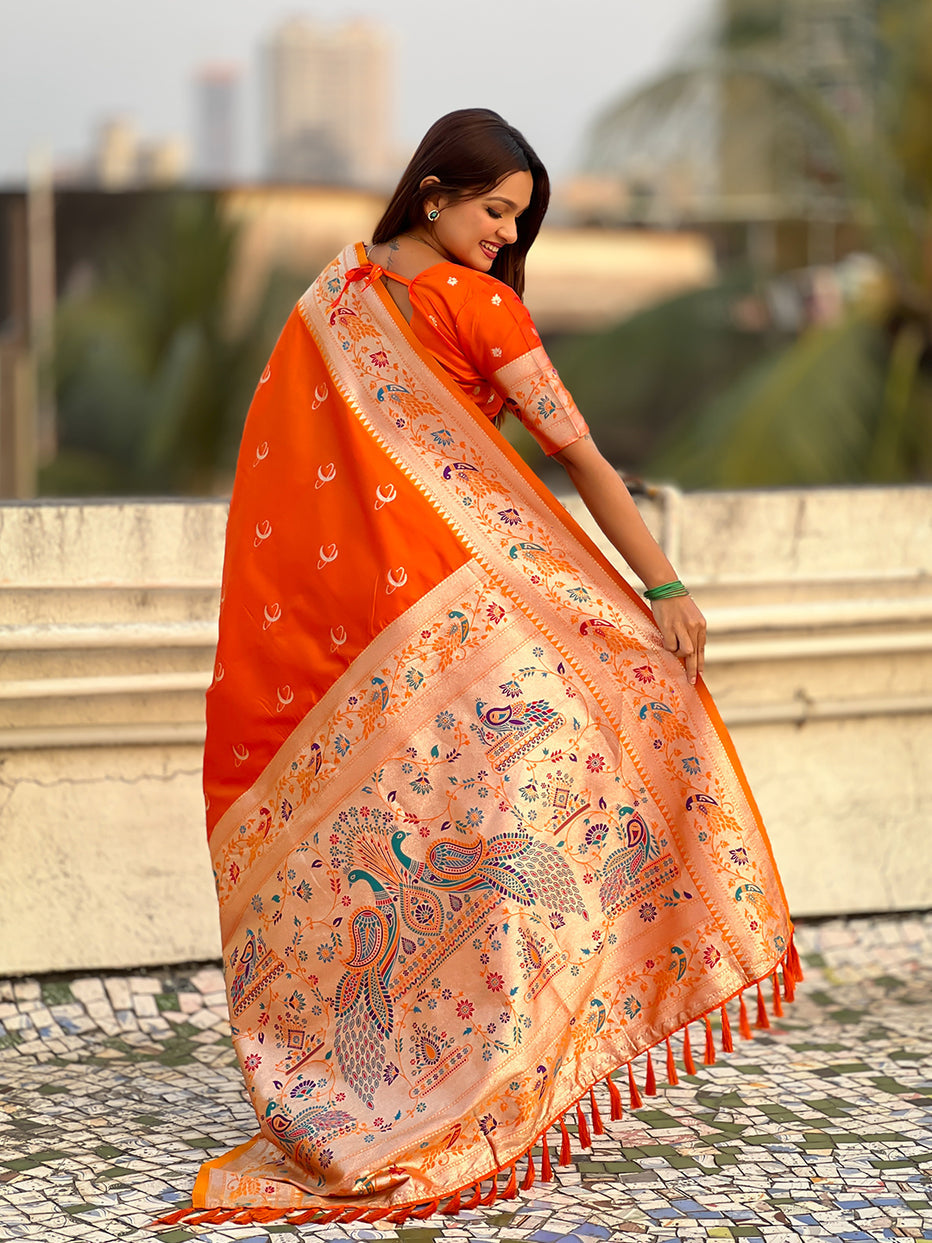 Orange Pure Chandrakor Paithani Silk Banarasi Zari Saree