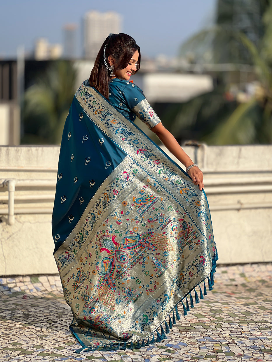 Denim Blue Pure Chandrakor Paithani Silk Banarasi Zari Saree