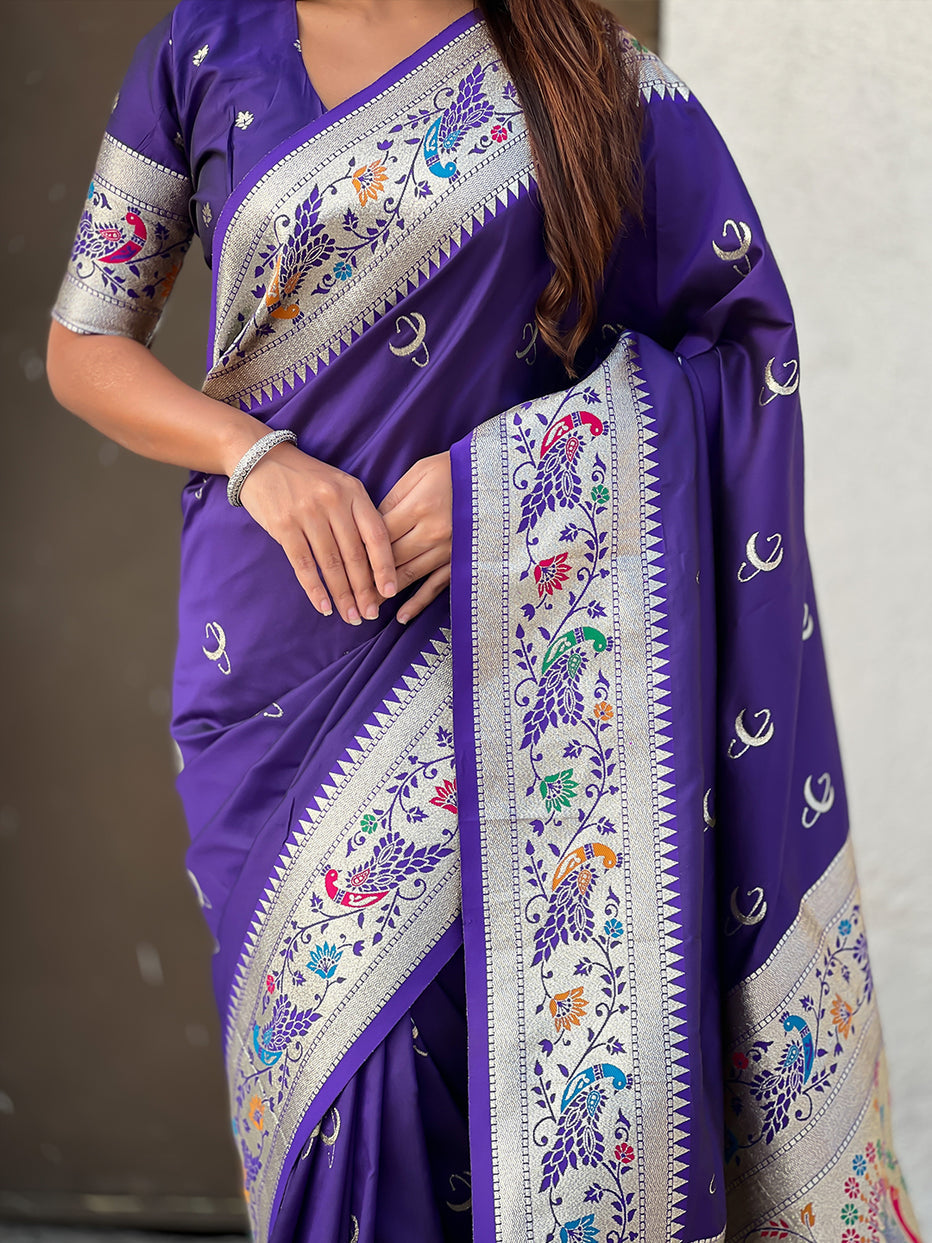 Violet Pure Chandrakor Paithani Silk Banarasi Zari Saree