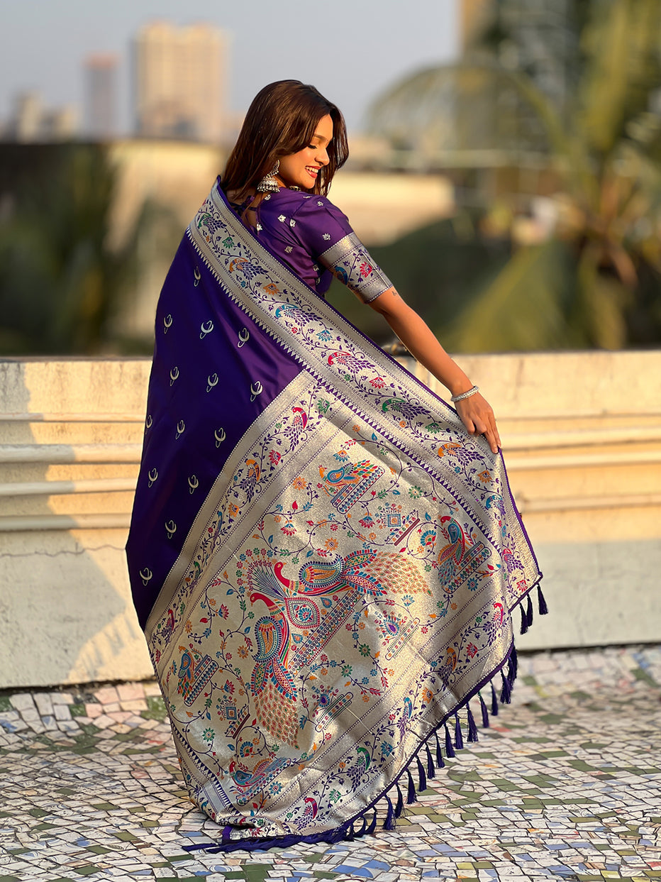 Violet Pure Chandrakor Paithani Silk Banarasi Zari Saree