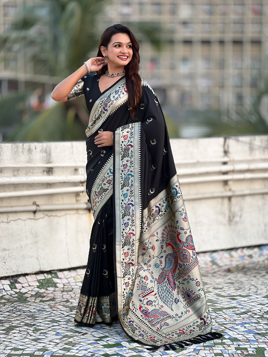 Black Pure Chandrakor Paithani Silk Banarasi Zari Saree