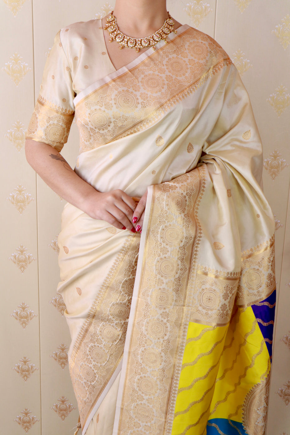 Cream Soft Silk Banarasi Multicolor Pallu Zari Woven Saree