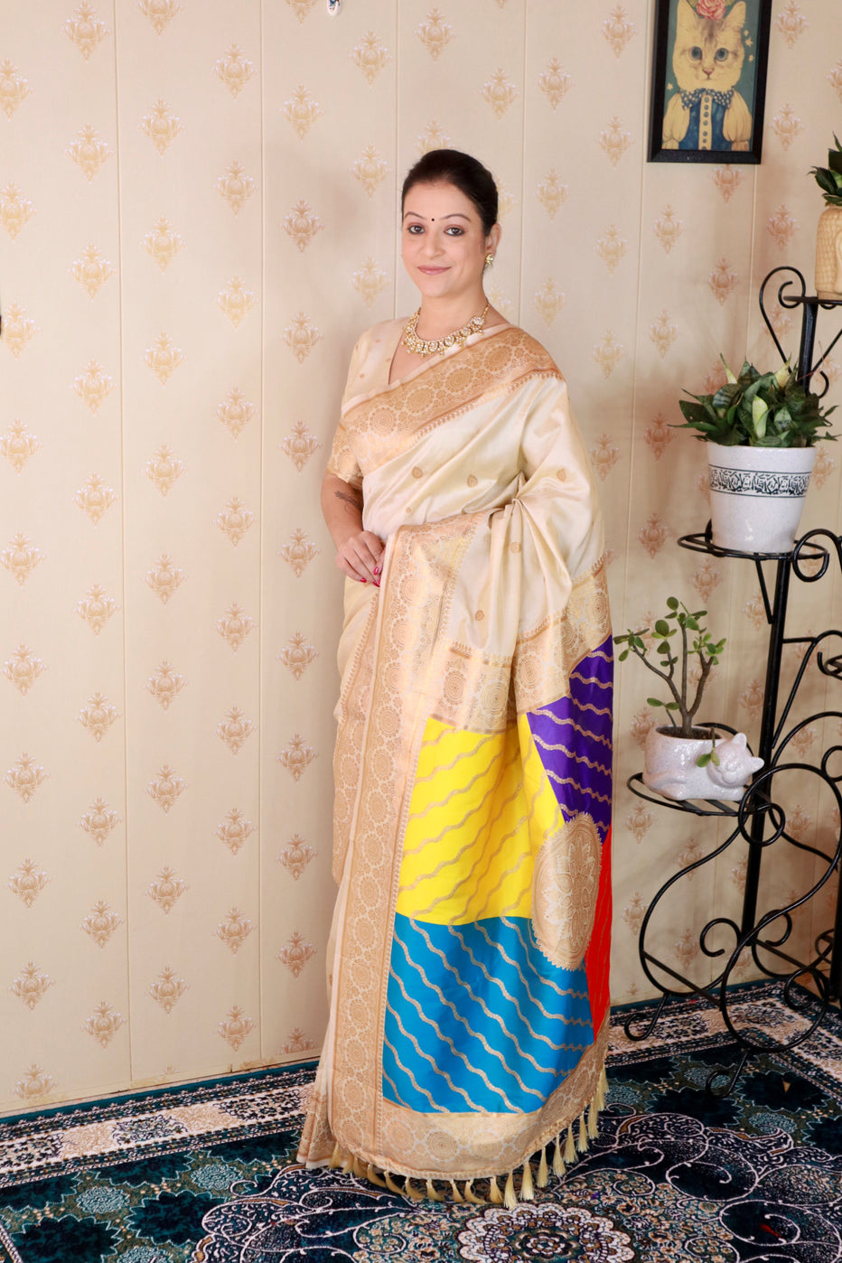 Cream Soft Silk Banarasi Multicolor Pallu Zari Woven Saree