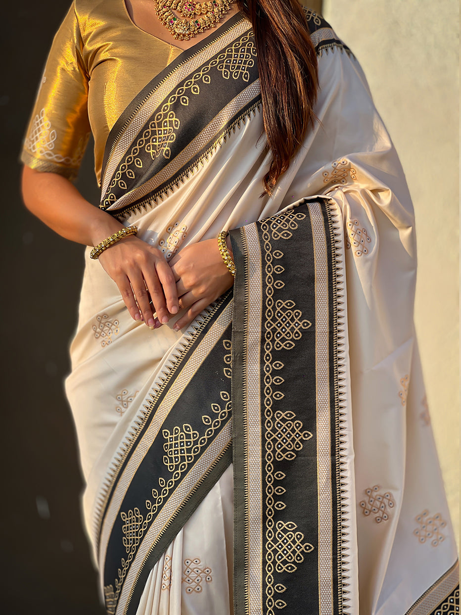 Cream Soft Silk Traditional Zari Contrast Soft Silk Saree Banarasi Saree Anant Tex Exports Pvt.Ltd..