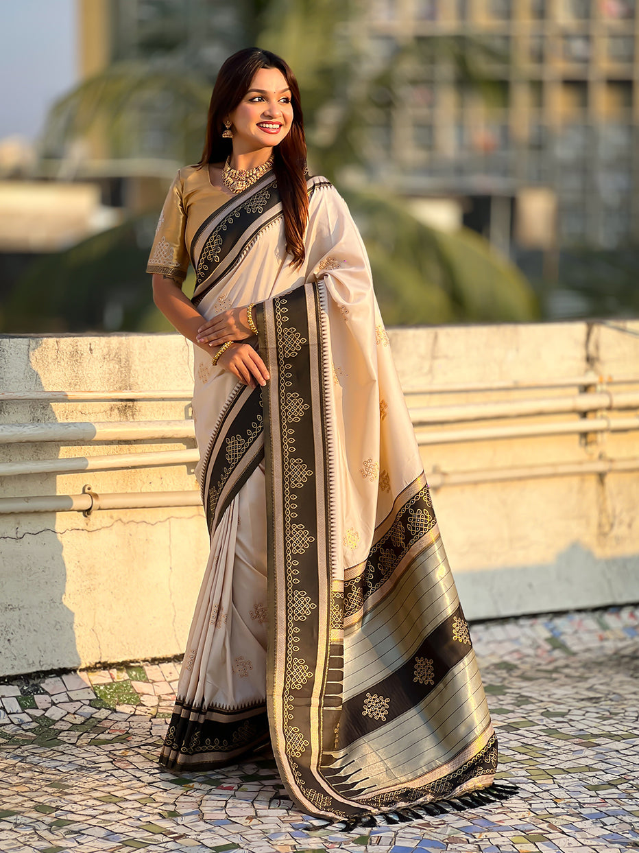 Cream Soft Silk Traditional Zari Contrast Soft Silk Saree Banarasi Saree Anant Tex Exports Pvt.Ltd..
