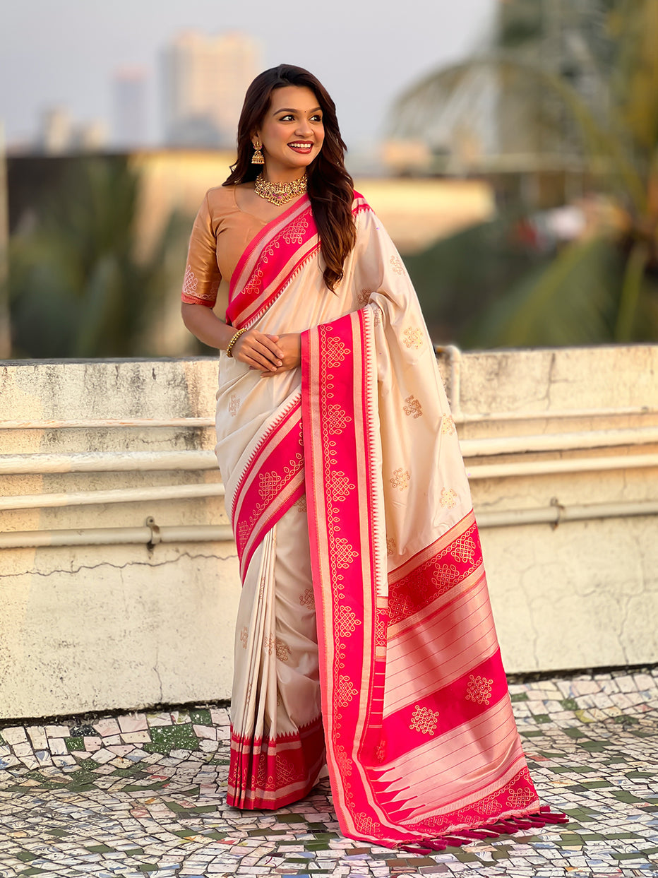 Cream Soft Silk Traditional Zari Contrast Soft Silk Saree Banarasi Saree Anant Tex Exports Pvt.Ltd..