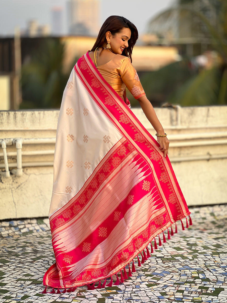 Cream Soft Silk Traditional Zari Contrast Soft Silk Saree Banarasi Saree Anant Tex Exports Pvt.Ltd..