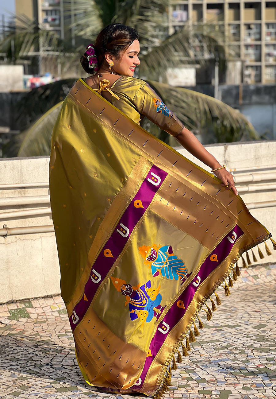 Mehendi Green Zari Woven Vitthala God Special Paithani Silk Saree Banarasi Silk Saree Anant Tex Exports Pvt.Ltd..
