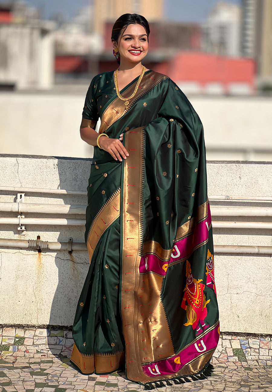 Bottle Green Blue Zari Woven Vitthala God Special Paithani Silk Saree Banarasi Silk Saree Anant Tex Exports Pvt.Ltd..