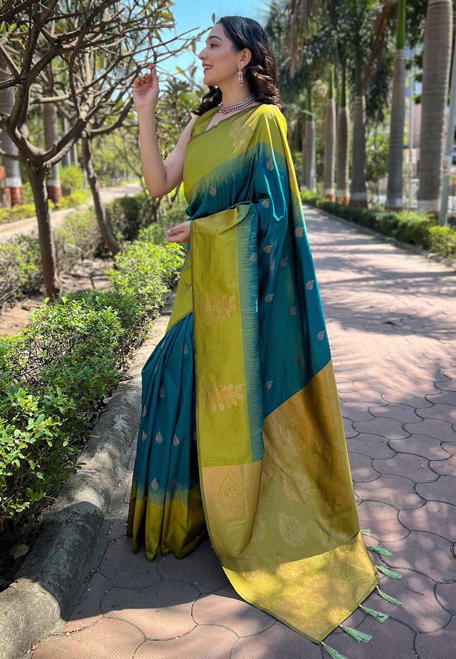 Sea Blue Soft Silk Floral Border Contrast Zari Soft Silk Saree
