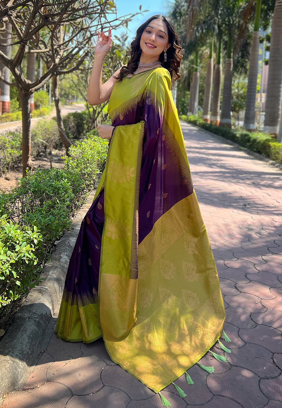 Wine Soft Silk Floral Border Contrast Zari Soft Silk Saree