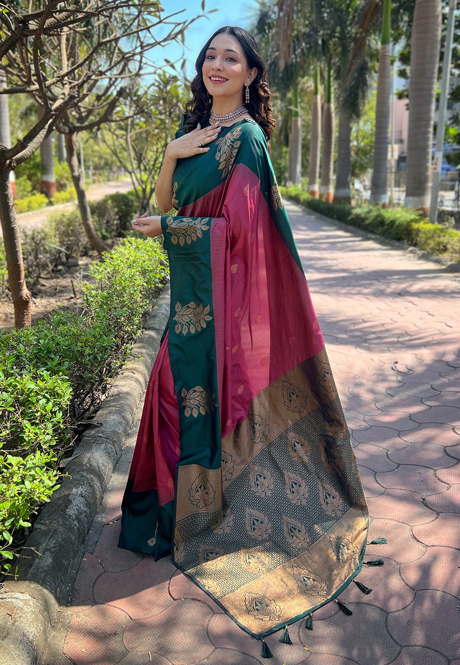 Reddish Pink Soft Silk Floral Border Contrast Zari Soft Silk Saree