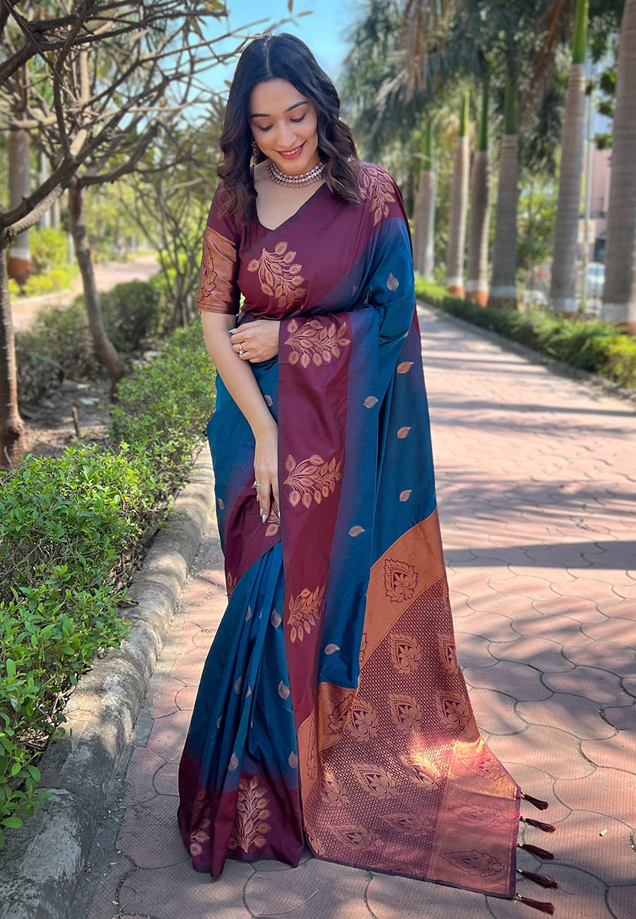 Peacock Blue Soft Silk Floral Border Contrast Zari Soft Silk Saree