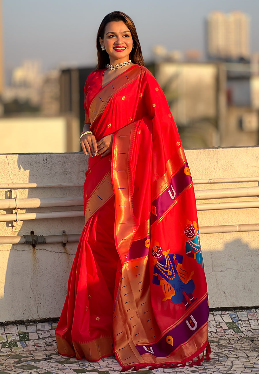 Red Zari Woven Vitthala God Special Paithani Silk Saree Banarasi Silk Saree Anant Tex Exports Pvt.Ltd..