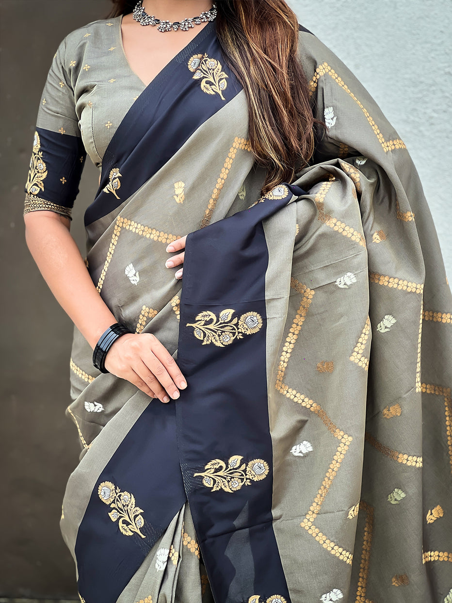 Grey Soft Silk Dusty Concept Zig Zag Zari Woven Saree Soft Silk Saree Anant Tex Exports Pvt.Ltd..
