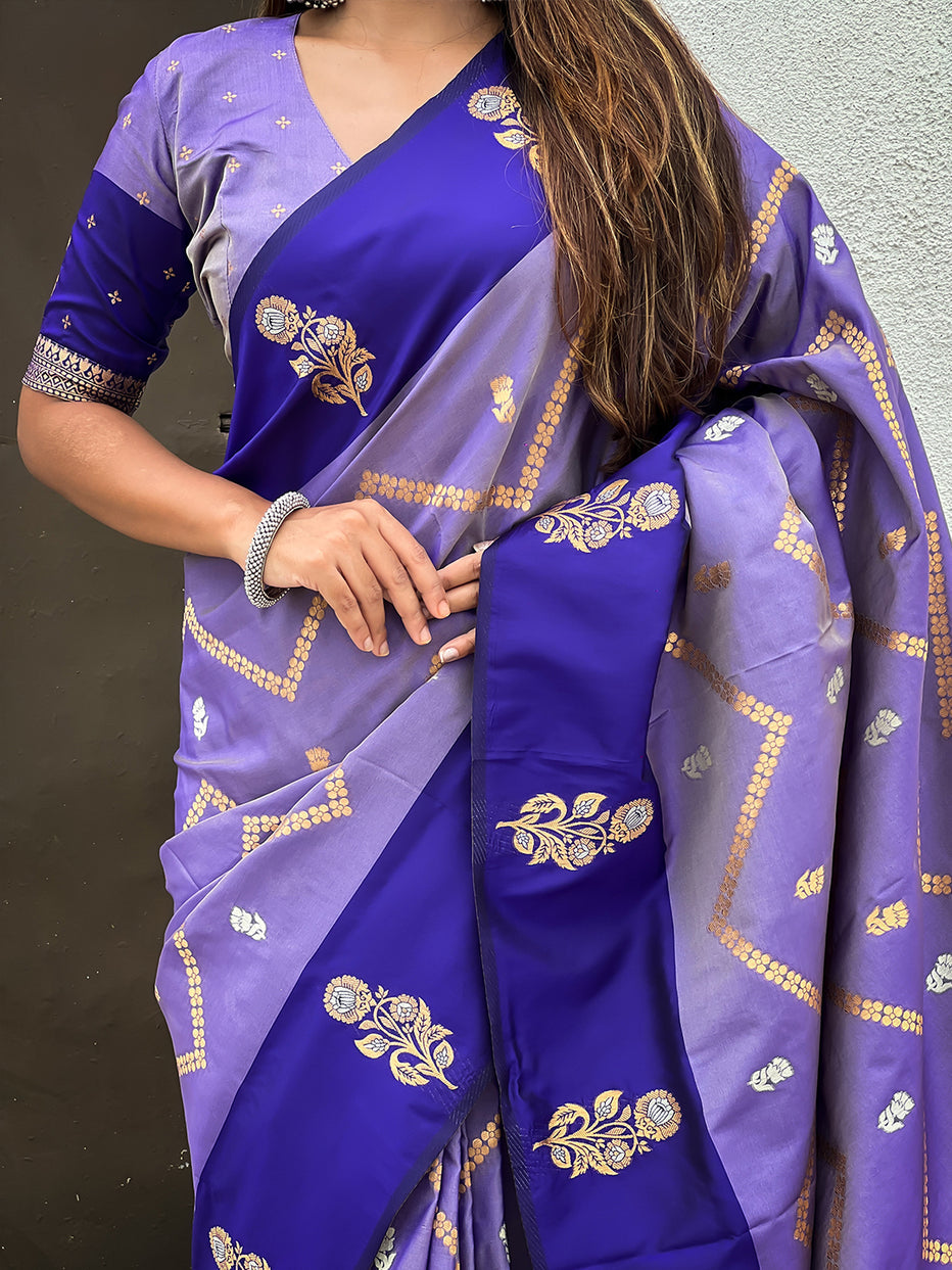 Violet Soft Silk Dusty Concept Zig Zag Zari Woven Saree Soft Silk Saree Anant Tex Exports Pvt.Ltd..