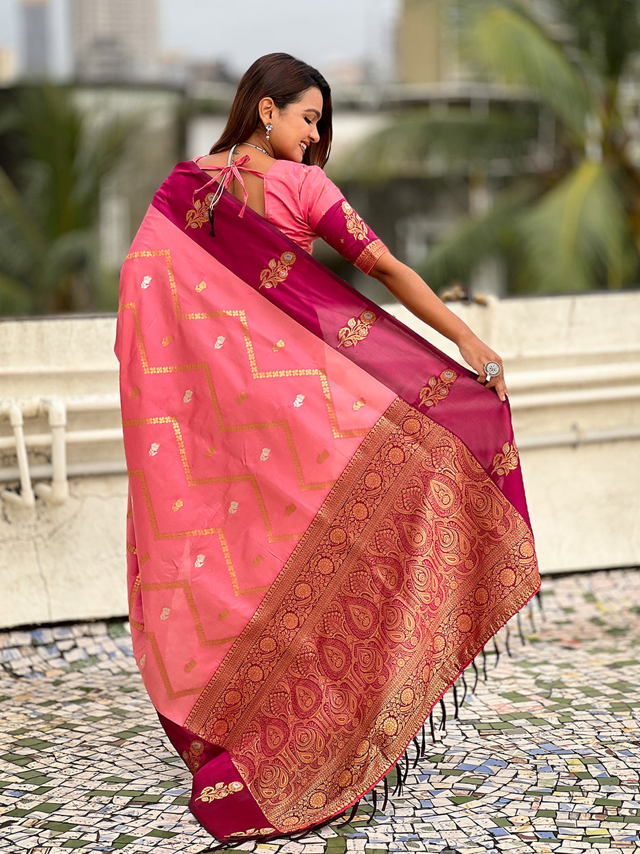 Rosy Pink Soft Silk Dusty Concept Zig Zag Zari Woven Saree Soft Silk Saree Anant Tex Exports Pvt.Ltd..