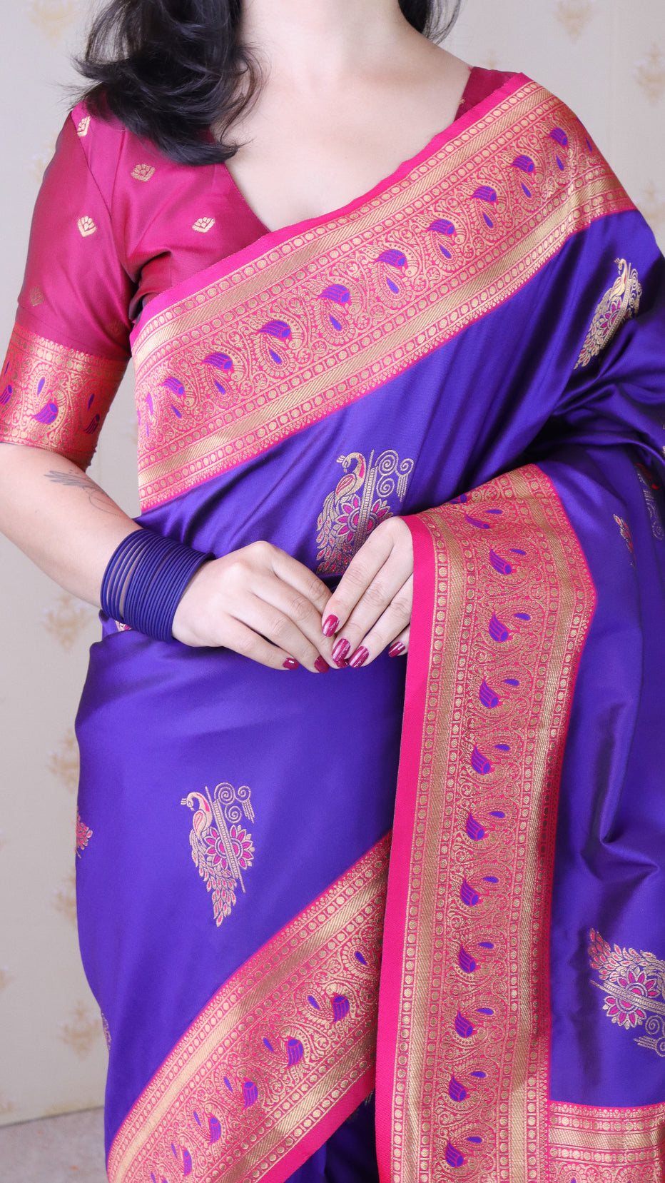Violet Green Soft Silk Banarasi Peacock Zari Woven Saree Kanjivaram Saree Anant Tex Exports Pvt.Ltd..