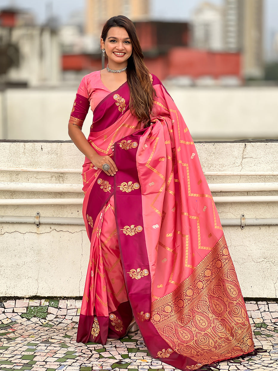 Rosy Pink Soft Silk Dusty Concept Zig Zag Zari Woven Saree Soft Silk Saree Anant Tex Exports Pvt.Ltd..