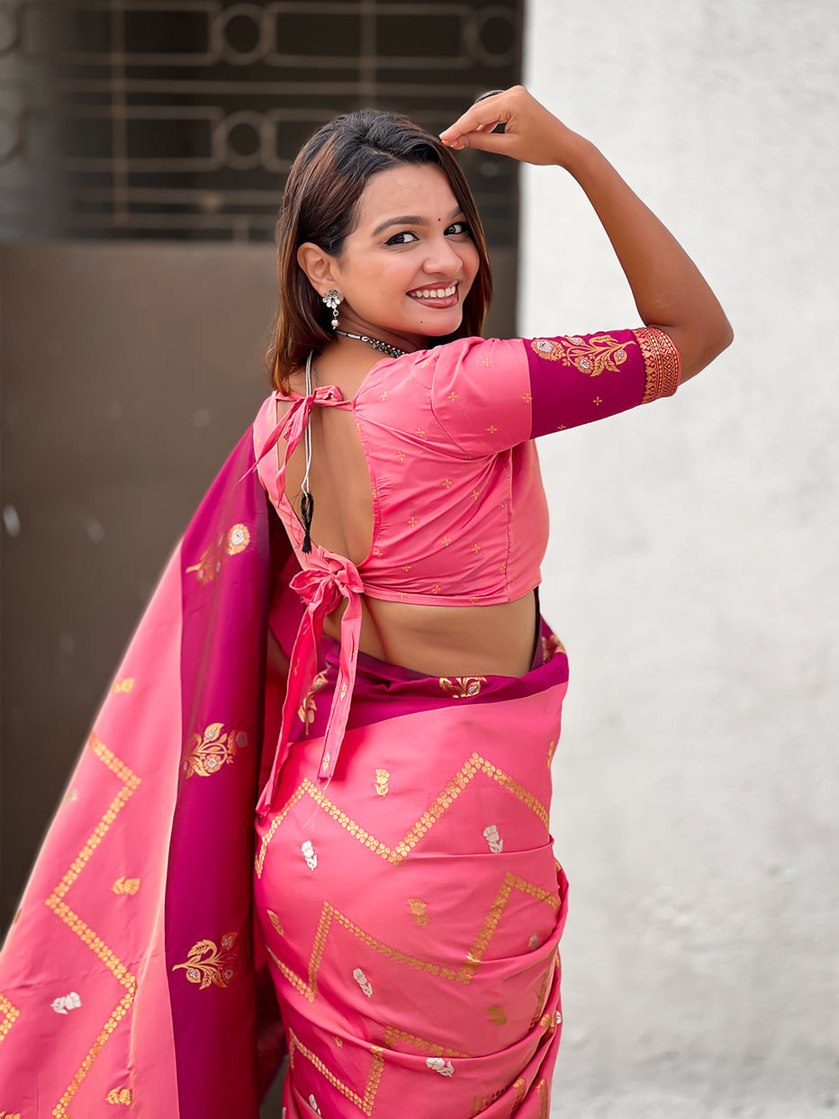 Rosy Pink Soft Silk Dusty Concept Zig Zag Zari Woven Saree Soft Silk Saree Anant Tex Exports Pvt.Ltd..